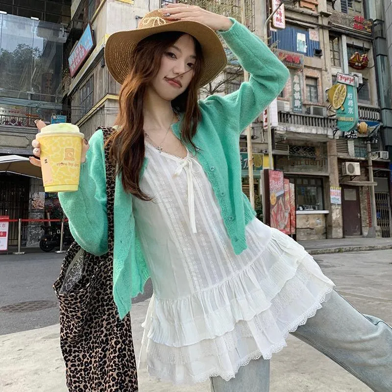 DEDY Casual Suit Women's Green Cardigan+White Top-2