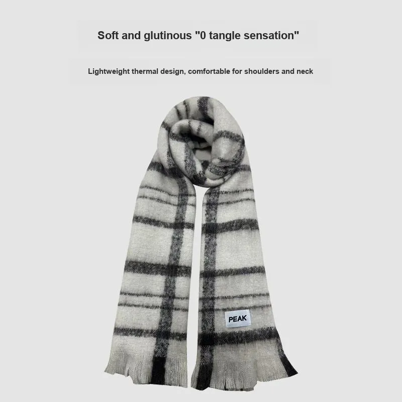 PEAK Mohair Knit Scarves Unisex Black White Plaid-1