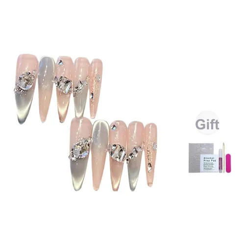 CAIKUHONG Ручной Ромб Украшенный Телесный Спелый Роскошный False Nail Длинный Заостренный Розовый Градиентный Кошачий глаз