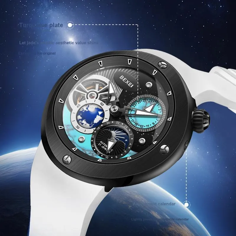 BEXEI The Wandering Earth Automatic Mechanical Movement Fluoroelastomer Strap Watch Men's Watches Black Dial-10