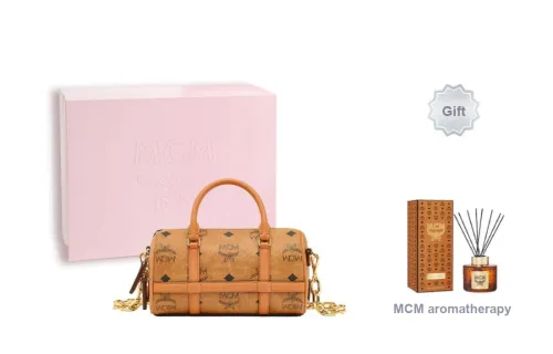 MCM Delmy Visetos Cow Leather, Coated Canvas Boston Bag Handbag, Shoulder Bag, Crossbody Bag Mini Women's Cognac