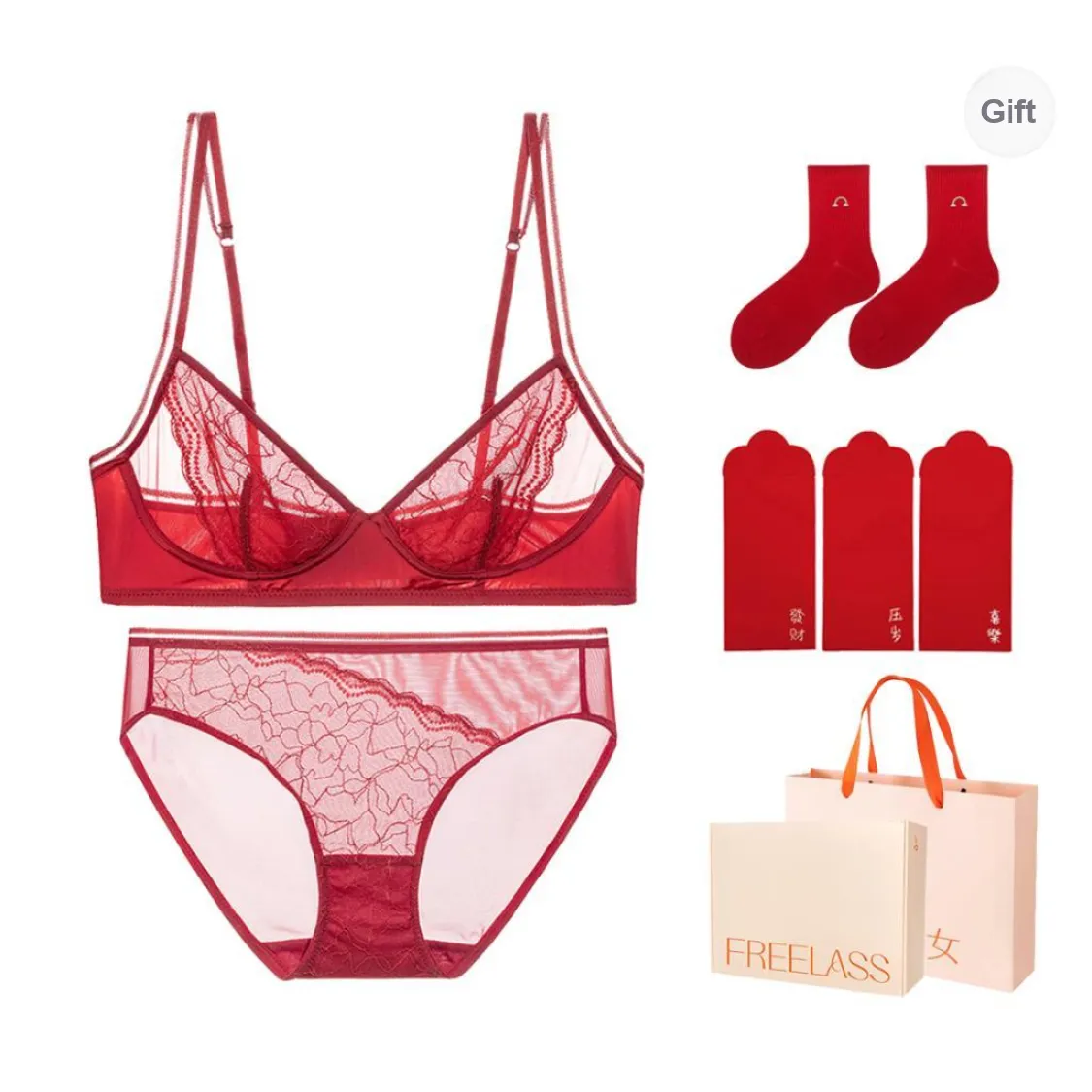 FREELASS Year Of The Dragon Series Underwear Set Gift Box Set Women's Winter Day Cotton Socks Set Of 3 Red