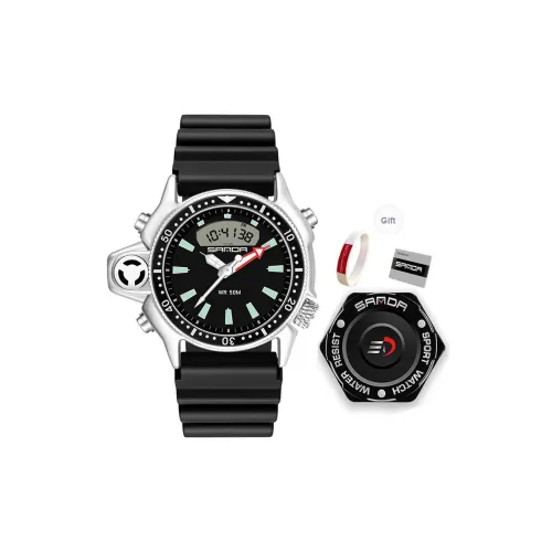 Sanda Электронный + Кварцевый механизм Смольный ремешок Часы Мужские Белый циферблат