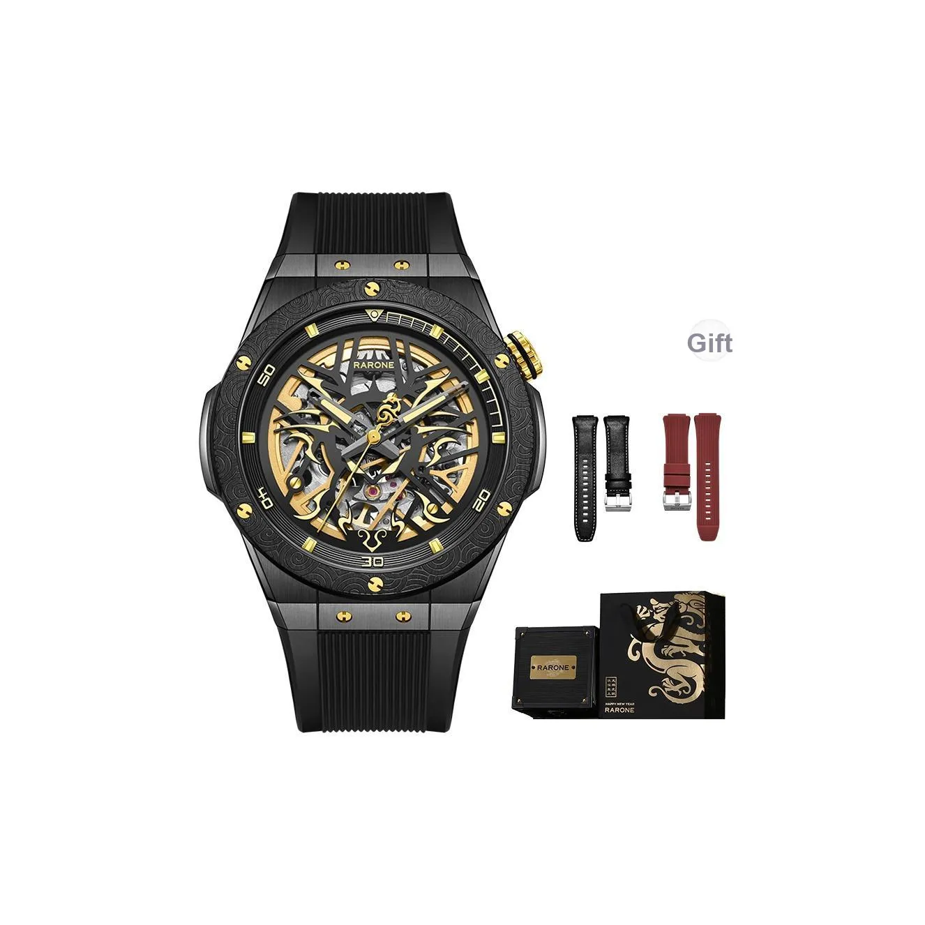 RARONE Gemini Black Gold Style Mechanical Movement Silicone Strap Watch Men's Watches Cut-Out Dial