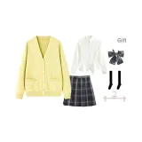 Yellow Cardigan+White Long Skirt with Cinched Waist+Dark Night Killer Short Skirt, Includes Bow Ties+Calf Socks+Hanger